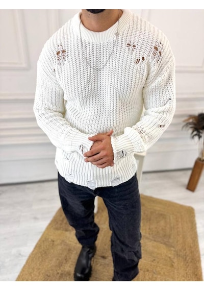 Elku Moda Kazak Oversize Yırtık Detaylı Lazer Kesim Tüylenmez Naturel Pamuk Rahat Kesim Salaş Kazak 001