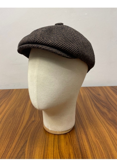 Hamze Peaky Blinders Model İngiliz Tarz Kaşe Kumaş Çizgili Kasket Şapka Kahverengi