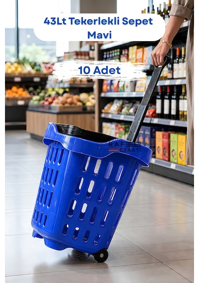 10 Adet - 43 Lt Tekerlekli Market Sepeti Plastik Alışveriş Sepeti Ergonomik Çift Saplı Mavi