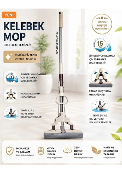 Dofix Kelebek Sıkma Mekanizmalı Mikrofiber Mop Sünger Sıkmalı Temizlik Mopu Uzun Boylu