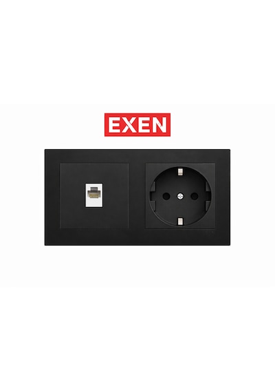 Exen Siyah 2'li Set Topraklı Priz+nümeris Modern Set İki Yuvalı Priz, 2 Yuvaya