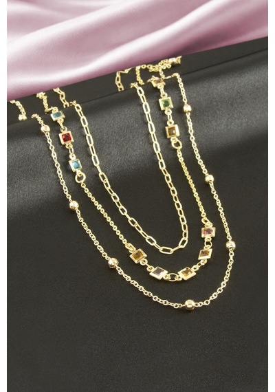 Kare Kristal Taşlı Üçlü Kolye Çok Renkli 87441774