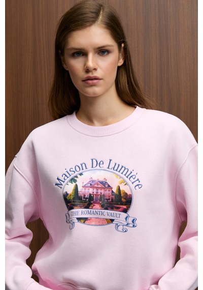 ETHIQUET TAL ERA Kadın Önü Baskılı Yuvarlak Yaka Pembe Sweatshirt