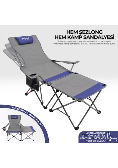 Sırt Ayarlı Katlanabilir Kamp Sandalyesi - 4 Kademeli - Lounge - Gri/mavi - Katlanır Şezlong Çok Renkli