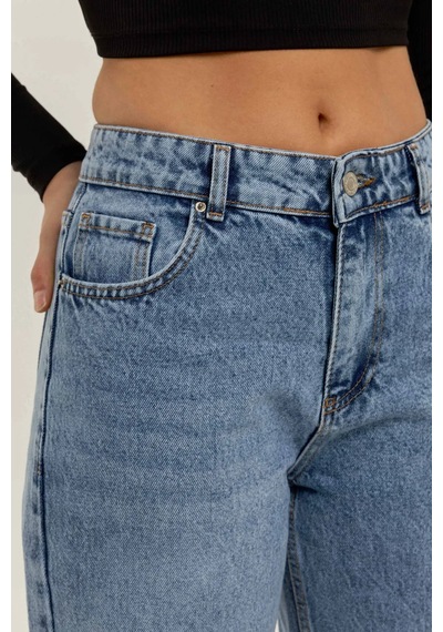 Hiccup Orta Bel Straight Leg Jean Koyu Mavi Denim