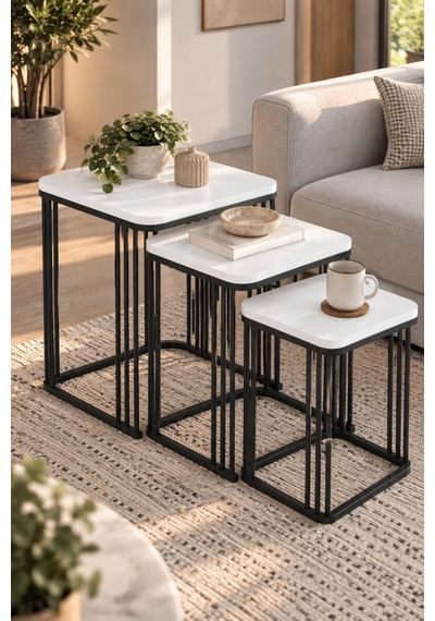 Sulorahome 3'lü Beyaz Kare Zigon Sehpa Seti Metal Ayaklı