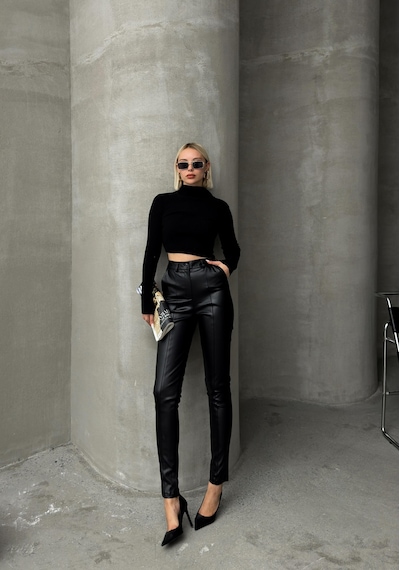 Olcay Deri Görünümlü Dikiş Detaylı Skinny Fit Pantolon Siyah 7562