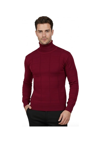 Deepsea Erkek Bordo Kare Desenli Balıkçı Yaka Slim Fit Boğazlı Triko Kazak 2505493 Bordo