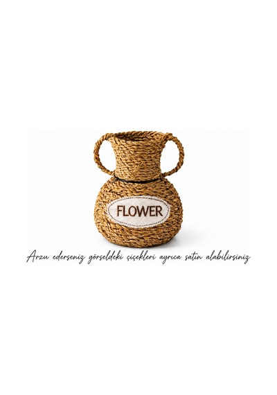 El Yapımı Vintage Tasarım Doğal Hasır Vazo,17 Cm,dekoratif Flower Yazılı Bohem Rattan Saksı,çiçeklik Bej