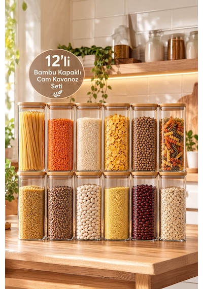 Porsima 7-4 Bambu Vakumlu Kapaklı Kare Borsilikat Cam 12li Kavanoz Seti Saklama Kabı 1900ml 9,5x27cm