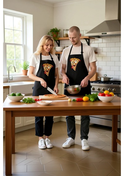 Unisex Mutfak Önlüğü Şeytani Pizza Dilimi Baskılı Karanlık Mizah Siyah