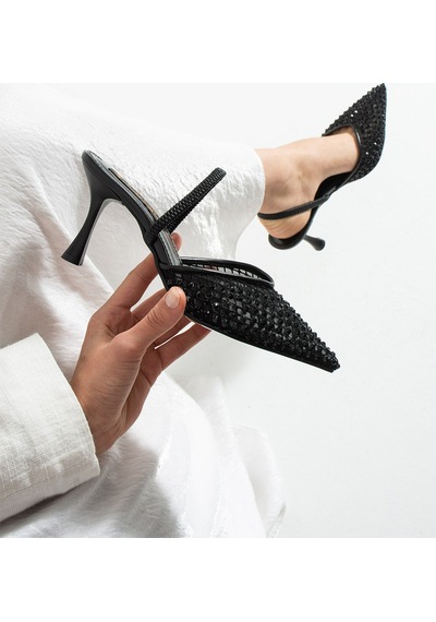 Lebibe Shoes Mına Kadın Siyah File Taşlı 7 Cm Topuklu Slingback Sivri Burun Abiye Ayakkabı Lebibe Shoes Mına Kadın Siyah File Taşlı 7 Cm Topuklu Slingback Sivri Burun Abiye Ayakkabı