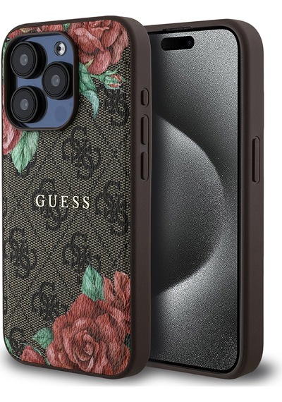 Apple Uyumlu iPhone 15 Pro Kılıf Guess Lisanslı Magsafe Şarj Özellikli Gül Baskılı Yazı Logolu Kapak Kahverengi