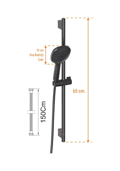 Adell Mode S Sürgülü Duş Seti Mat Siyah 3 Fonksiyonlu El Duşu Pvc Flex Hortum 157820224 Siyah
