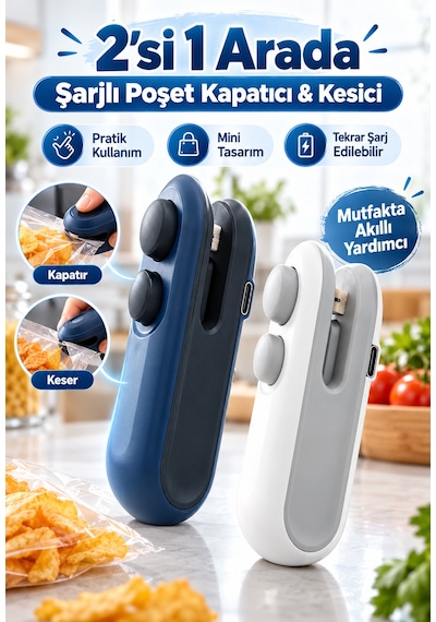 Mucit Home Poşet Kapatıcı Ve Kesici Poşet Mühürleme Aparatı Şarjlı Mini 2in1 Poşet Ambalaj Ağzı Kapatıcı Renkli