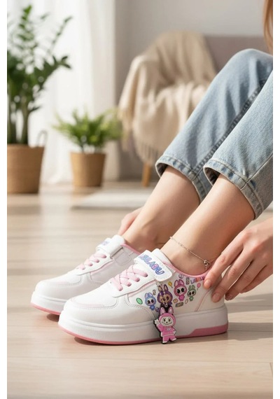 Zacoz Labubu Baskılı Simli Kız Çocuk Spor Ayakkabısı, Sneaker Beyaz Pembe