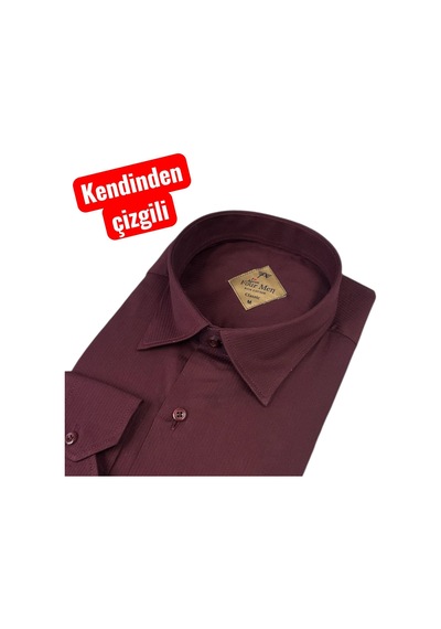 Pamuklu Kandinden Çizgili Uzun Kollu Yakası Alttan Düğmeli Erkek Gömlek Regular Kalıp Bordo