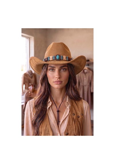 Gigi Luxe Kadın Premium Dokulu Western Kovboy Şapkası Boncuklu Şapka Bohem Bej Bej