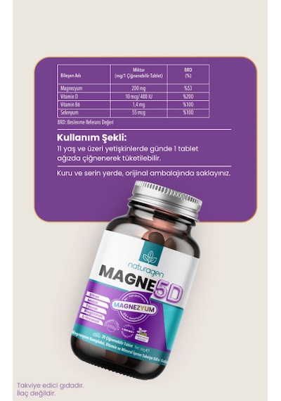 Naturagen Magne5d Magnezyum Kompleksi 200mg 2x30 Çiğnenebilir Tablet Nane & Limon Aromalı