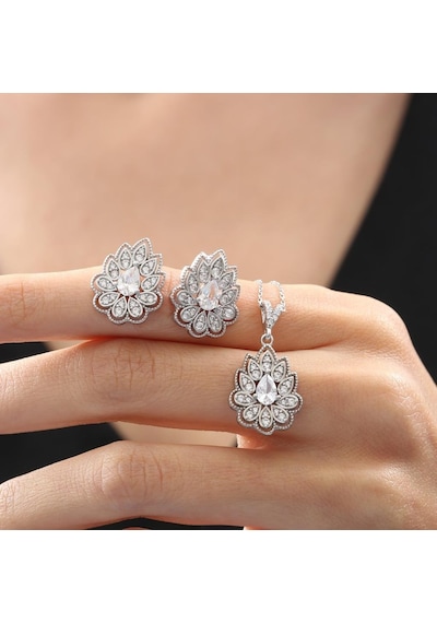 Pırlanta Montür Lotus Çiçeği Işıltılı Sadelik Mührü Gümüş Mini Set
