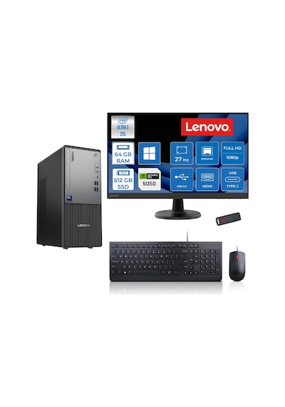 Lenovo ThinkCentre Neo 50T Gen 6 13BD007UTR2724P22 Ultra 5 225 64 GB 512 GB SSD RTX5050 27" W11P Masaüstü Bilgisayar + USB Bellek