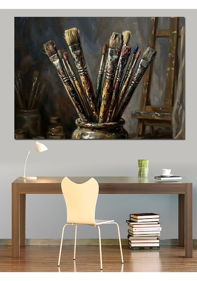 Sanatçı Fırçaları Kavanoz İçinde Sanat Dekoratif Kanvas - Mdf Ahşap Tablo
