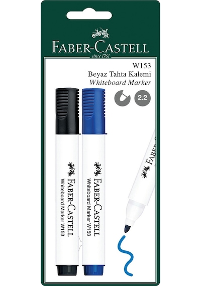 Faber-Castell W153 Beyaz Tahta Kalemi 2'li Set, Siyah ve Mavi Renk,Kolay Silinir, Ergonomik Tasarım