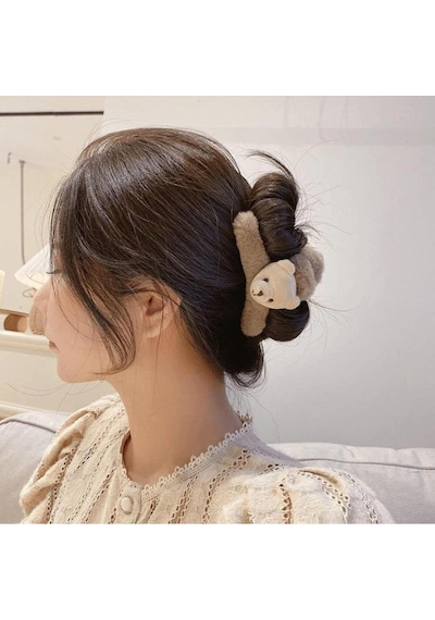 Kadın Çift Taraflı Ayıcık Peluş Mandal Toka 12 Cm Karamel