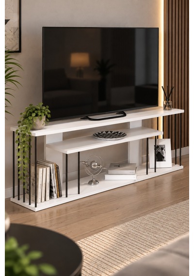 Sulorahome Beyaz Tv Ünitesi 140 Cm Raflı Metal Detaylı Tasarım