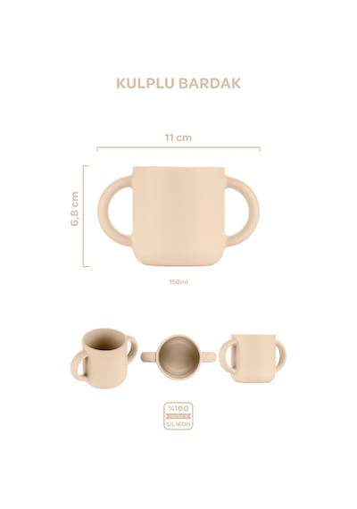 Silikon Beslenme Seti 4'lü Latte Bej / Mama Önlüğü, Mama Tabağı, Bandırma Kaşığı, Kulplu Bardak