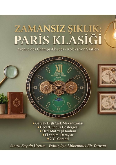 İthal Metal Çarklı Duvar Saati Siyah  - Yeşil