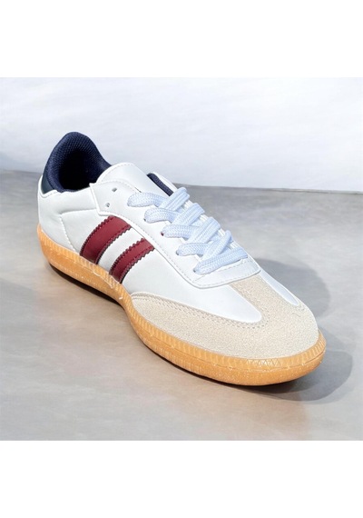 Kadın Spor Ayakkabı Beyaz Sneaker Bordo Çizgili Günlük Rahat Kaymaz Taban Bağcıklı