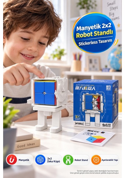 Moyu Meilong 2m Manyetik 2x2 Zeka Küpü Robot Standlı Stickerless Mf8963 12 Cm