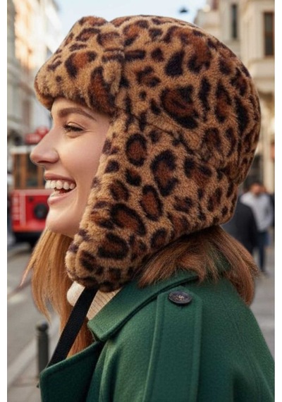 Uniquetrenders Kadın Leopar Desenli Peluş Kalpak Pilot Şapka Leopar