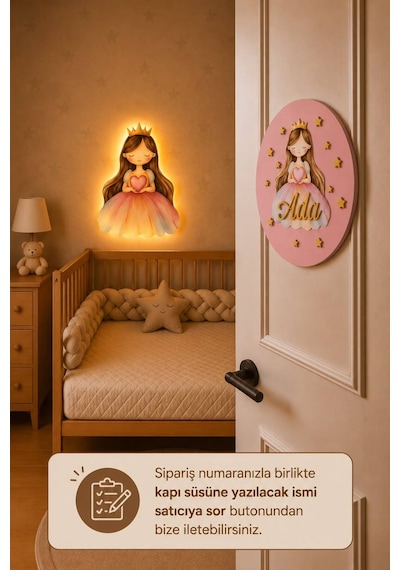 Ahşap İsme Özel Pilli Ledli Gece Lambası Ve Ahşap Kapı Süsü Seti Bebek Çocuk Odası Pembe
