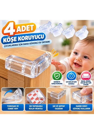 Ers 4 Adet Kendiliğinden 3m Yapışkanlı Yumuşak Ve Esnek Yapıda Sehpa,masa,dolap Köşe Koruyucu Aparat