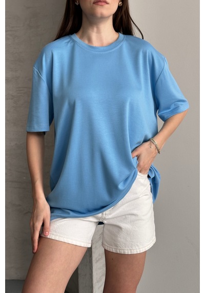Balenbi Kadın Modal Bisiklet Yaka Basic Yarım Kollu T-shirt 1211 Mavi