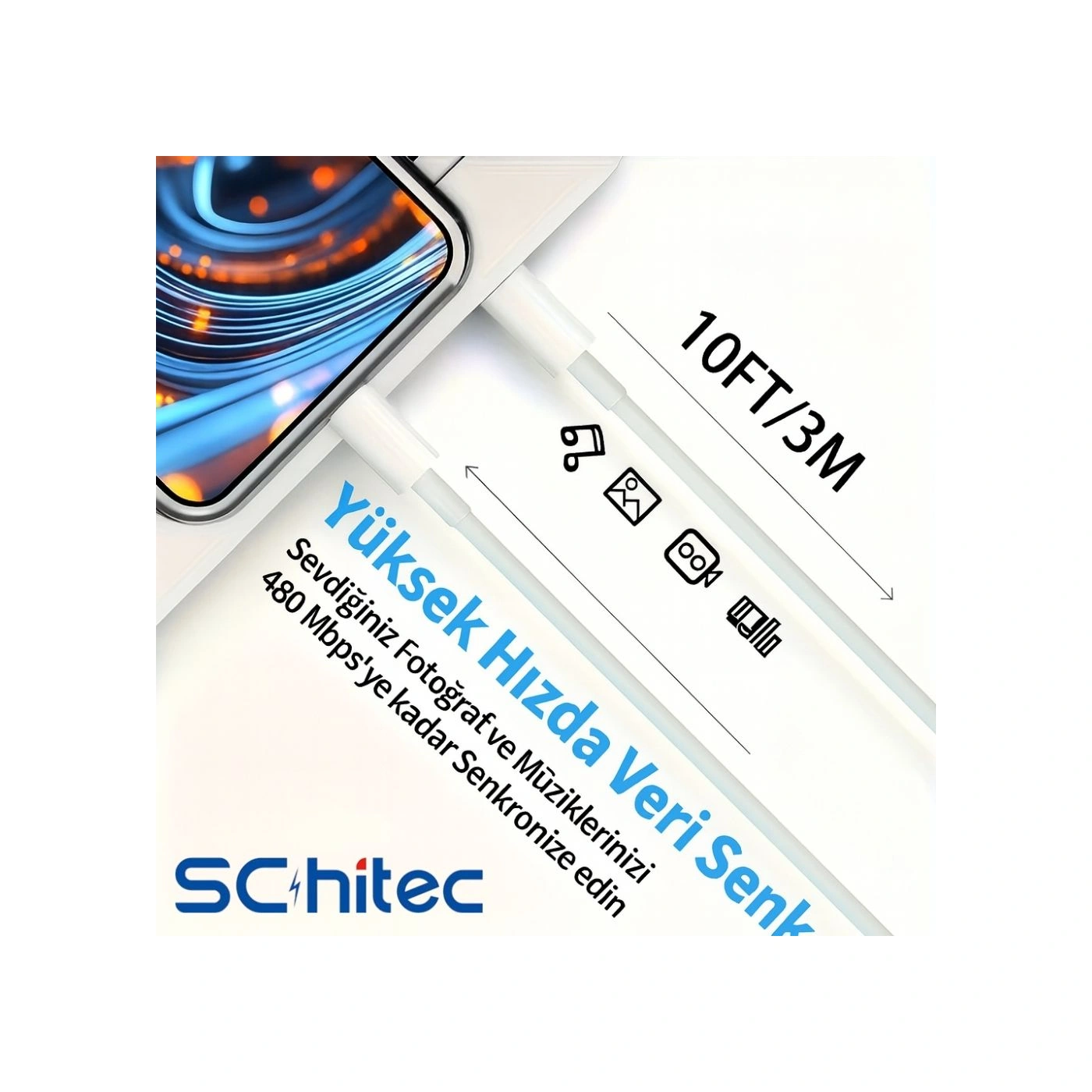 Schitec 6a 100w Type-c To Lightning Hızlı Data Ve Şarj Kablosu 3 Metre Beyaz Sx31