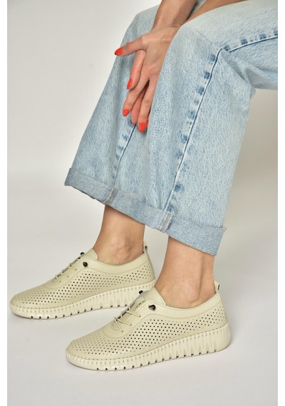 Fox Shoes Y555705103 Bej Hakiki Deri Comfort Ortopedik Taban Kadın Ayakkabı Bej