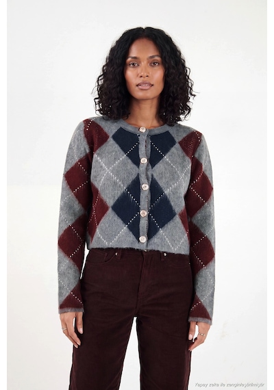 Lela Regular Fit Bisiklet Yaka Baklava Desenli Düğmeli Crop Hırka Kadın Hırka 4615570 Antrasit
