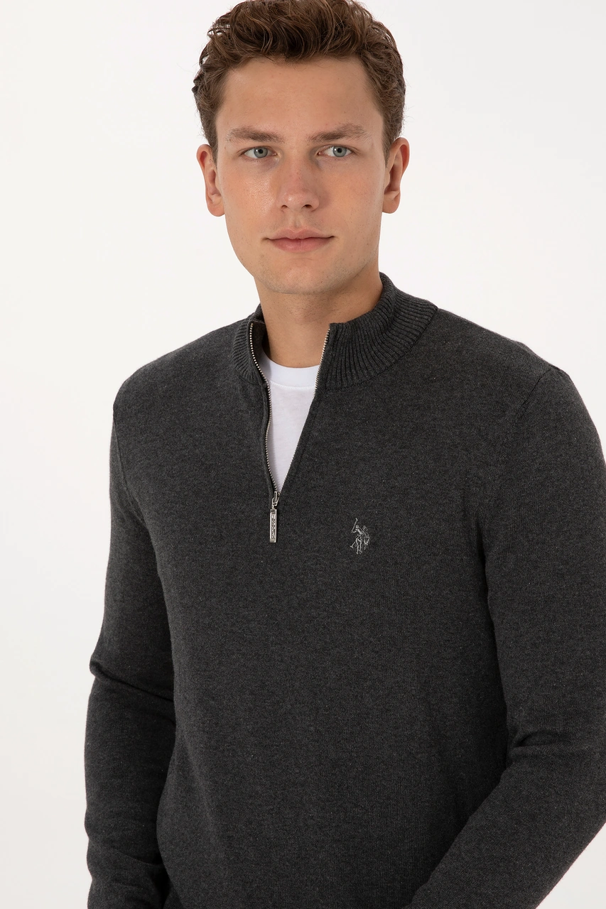 U.S. Polo Assn. Erkek Slim Fit Yarım Fermuarlı Antrasit Melanj Basic Kazak 50313695-VR081