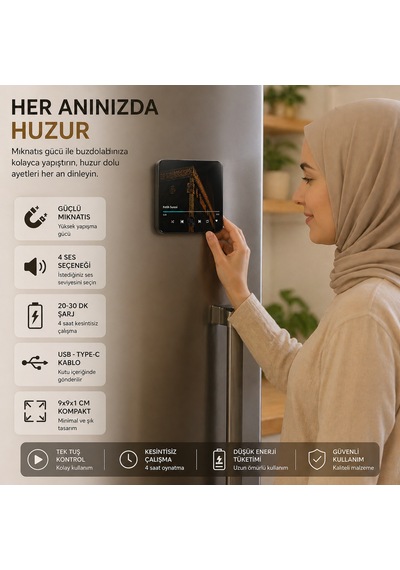Fetih Suresi Çalan Kabe Temalı Dijital Buzdolabı Magneti Usb Şarjlı 4 Saat Kesintisiz Çalışma Manevi Hediye Siyah