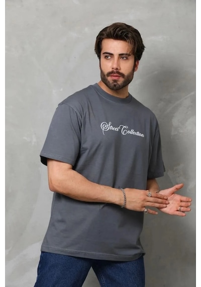Erkek Baskılı T-shirt Kısa Kol Bisiklet Yaka Regular Fit Tişört - Füme Füme