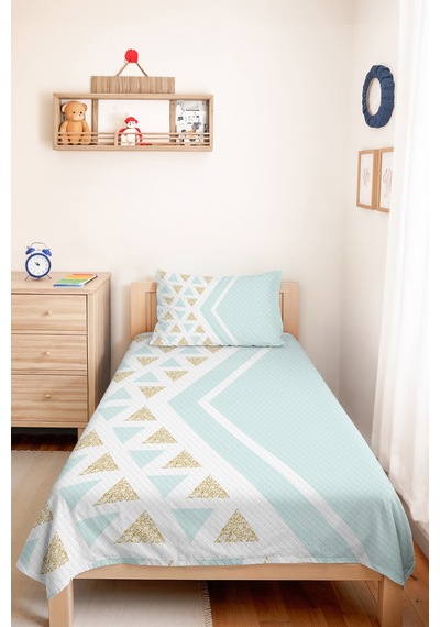 Geometrik Mint Genç Odası Tek Kişilik Pike Takımı-üçgen Beyaz Gold 160x220 Cm Kapitone Yatak Örtüsü Hafif Sis Ufku