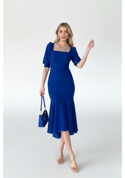 Defymoda Kadın Balık Model Cazibeli Elbise Mavi