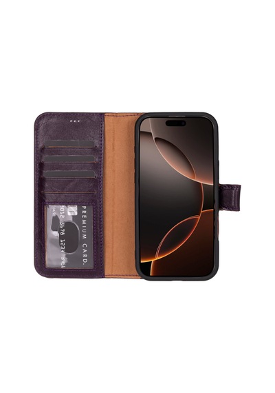 Bloomcase Apple Uyumlu iPhone 16 Pro Max Burgundy Hakiki Deri Cüzdanlı Telefon Kılıfı Mor