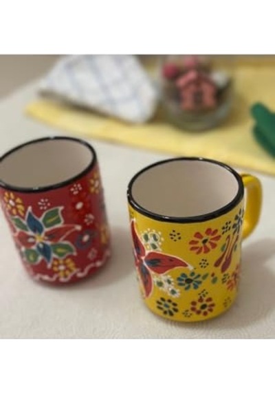 Tr Çini El İşlemeli Seramik Dantel Desen 2li Sarı/kırmızı Kupa Bardak Diğer