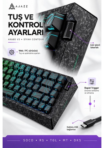 Ajazz Ak680 V3 8000 Hz Manyetik Rgb Oyuncu Klavyesi Siyah Contour Meow Meow