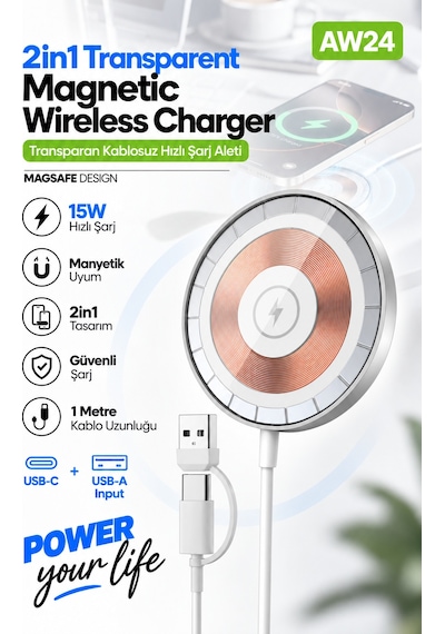 Acl Aw24 15w Magsafe Uyumlu Manyetik Kablosuz Hızlı Şarj Aleti, Usb-c & Usb-a Çift Girişli 1 Metre K