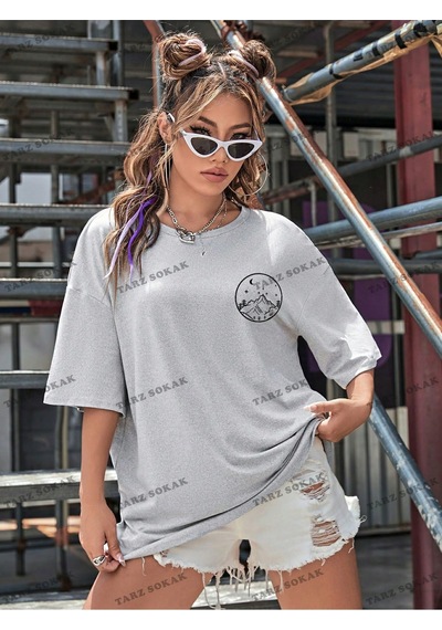 Flood Of Style Unisex Bay Güneş Ve Ay Desenli Düşük Omuz Oversize Tişört Kod-1350 Gri